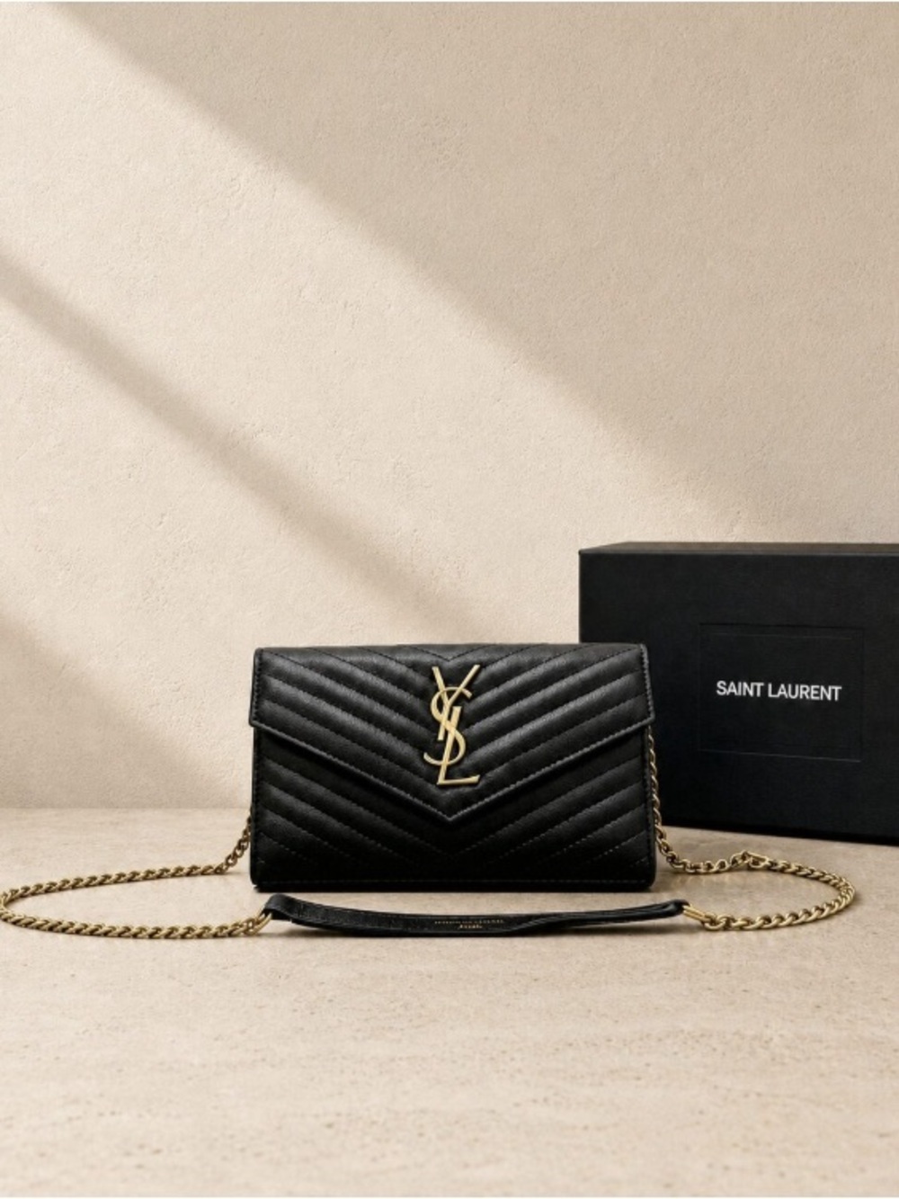 Yves Saint Laurent Black Calfskin Compact Chain Wallet